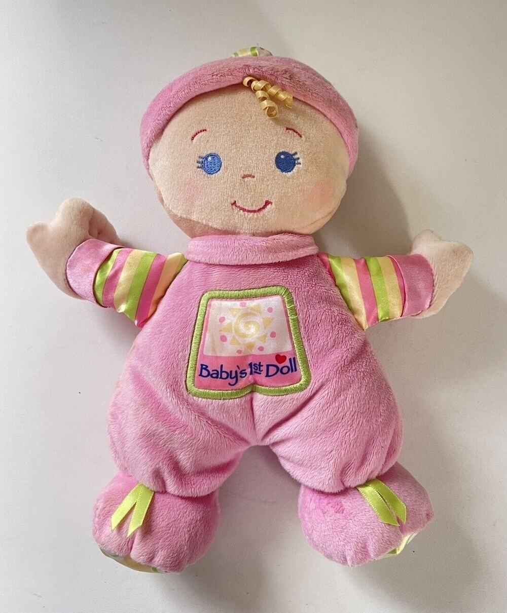 Fisher Price Brilliant Basics Babys First Doll Pink Plush Lovey Rattle 10" Toy